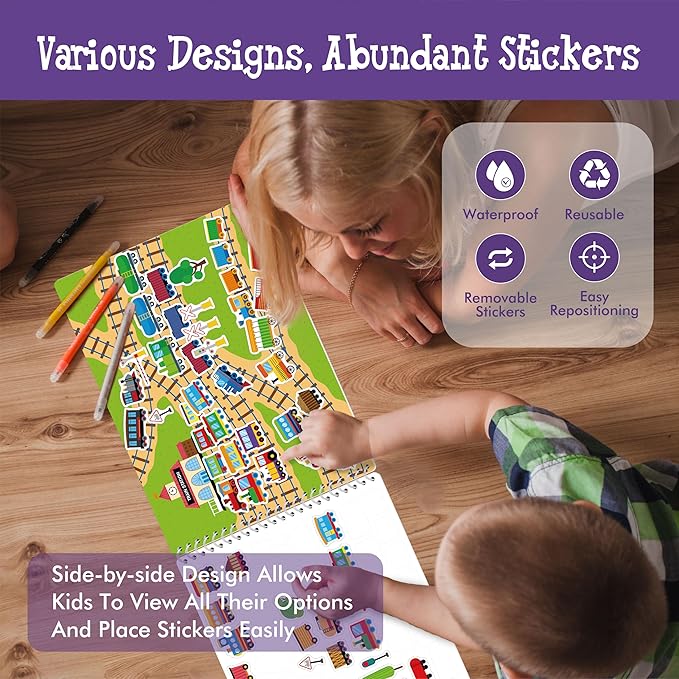 Sticker Activity Book, 690 Reusable Stickers, 15 Dry-Erase Scenes & 16 Fun Games, Side By Side Vehicle-Themed Activity Book, Educational Hands-on Travel Game - Great for Toddlers, Kids, Boys & Girls