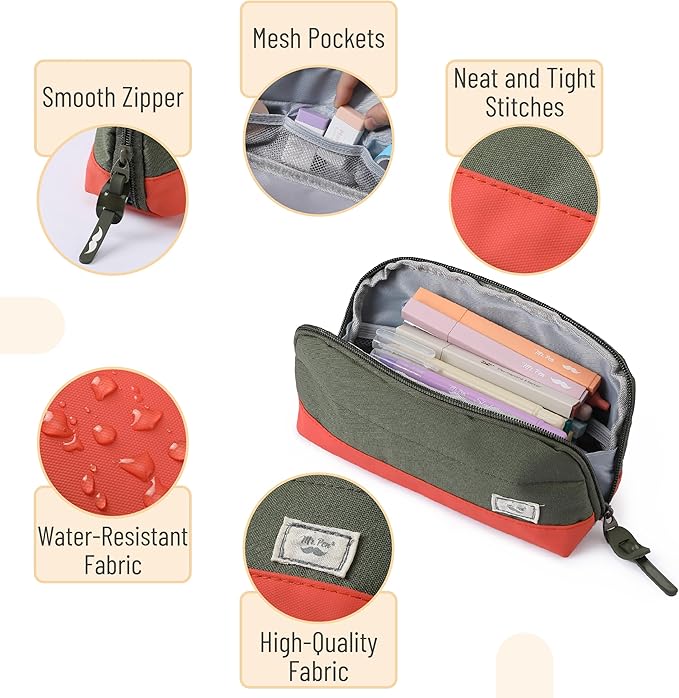 Mr. Pen- Fabric Pencil Case Pouch, 5 Mesh Pockets, Olive Green & Orange, Triangular Shape Pencil Pouch
