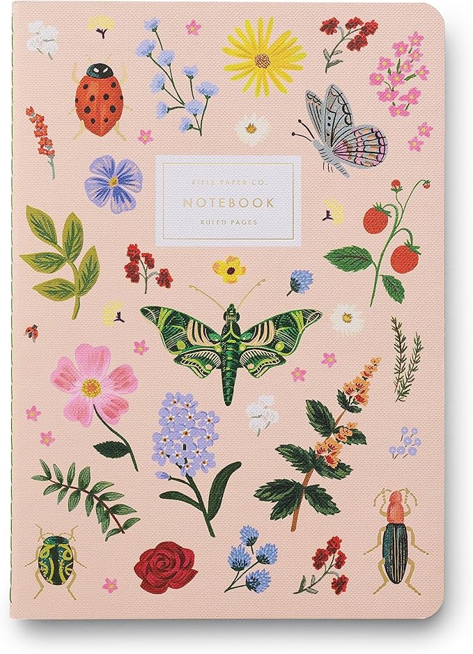 RIFLE PAPER CO. Curio Stitched Notebook Set, Assorted Set of 3 Colorful Notebooks, 64 Ruled Pages with Gold Ink, Full Color Canvas Cover with White Text Paper Interior (6" W × 8.5" L)