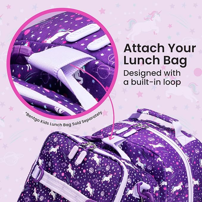 Bentgo Kids Backpack - Lightweight 14” Backpack in Fun Prints for School, Travel, & Daycare, Ideal for Ages 4+, Roomy Interior, Durable & Water-Resistant Fabric, & Loop for Lunch Bag (Unicorn)