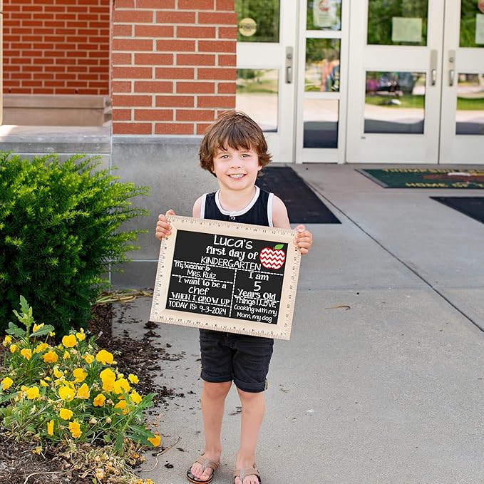 First Day of School Sign (11.5"x15"), Reusable Chalkboard Sign, Easy-to-Clean with Real Wooden Ruler Frame, Handmade in USA by Bloom Owl, Perfect for Back to School, First Day of Kindergarten, 1st