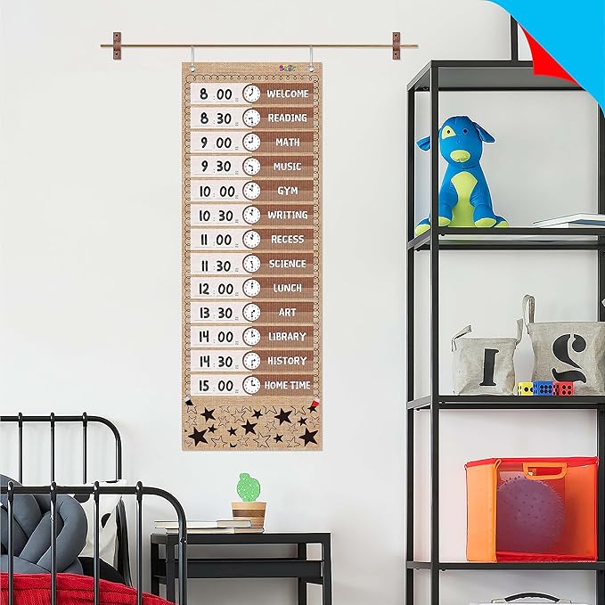 Daily Schedule Pocket Chart, Burlap Classroom Chart with 13+1 Pockets, 26 Reusable Cards (13 Double Sided Printed Cards & 13 Blank Ones) plus 2 Metal Mounting Hangers (Burlap, 13” x 36”)