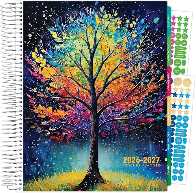 DELUXE TEACHER PLANNER Aug 2026-Jul 2027 8.5x11 Daily Weekly Monthly Organizers with 7 Periods, Pocket Folder, Dated Calendar, Page Tabs, Bookmark and Planning Stickers (Black Tree Seasons)