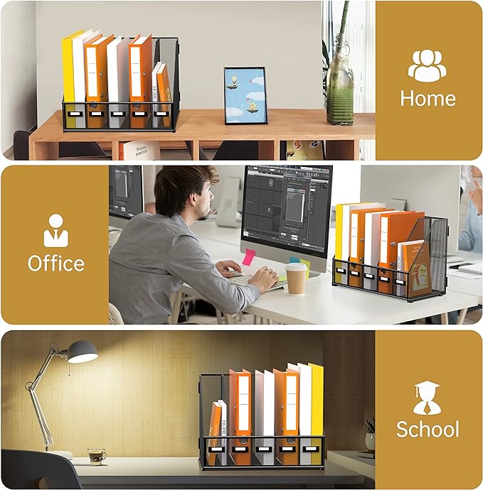 DALTACK 5 Vertical Compartments Magazine File Holder, Binder Organizer, Metal Desk Organizers for Office Home School Classroom Organization, Black Plus