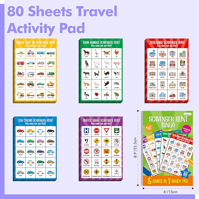 Road Trip Game Pad, 5 Games in 1 (Farm Animals, Car Colors, Buildings, Traffic Signs, Vehicles Scavenger Hunt Bingo), Pen Pencil Paper Game, Plane Trip/ Car Travel/Getaway Activity Pad for Kid, Adult