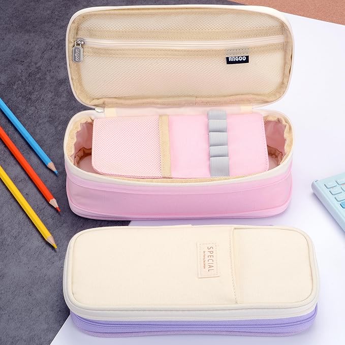 Large Capacity Big Special Cute Aesthetic Preppy Canvas Pencil Case Organizer Holder Pouch Bag with Zipper Compartments, Pen Cases for Women Girls School Adults (Beige/pink)