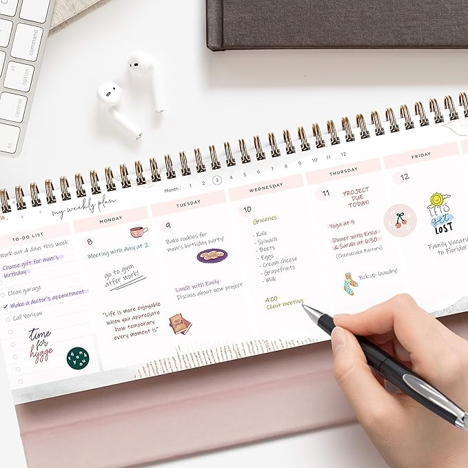 Pink Abstract Non-Dated Spiral Weekly Desk Calendar Planner, 60 Week Inspirational To Do List Pad Desktop Stand, 3.75" x 10.5", La Lune Collection by Bright Day