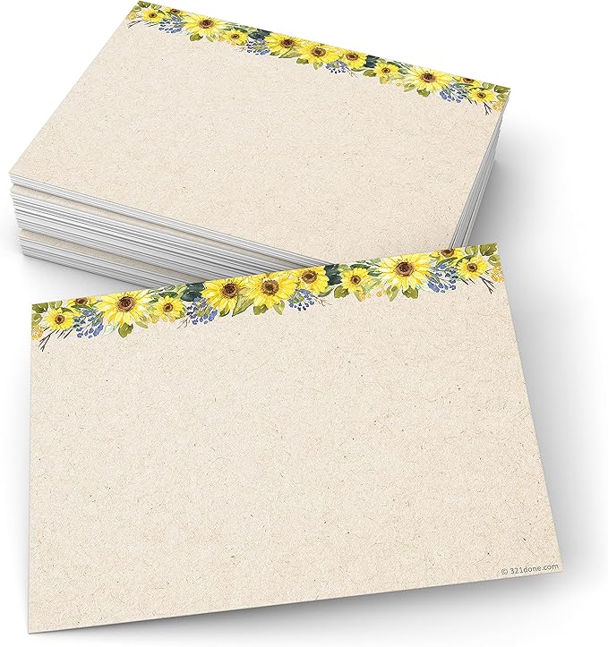 321Done Sunflower Index Cards - 5x7 Cardstock, Kraft (Set of 50) - Blank, No Lines - For Studying, Learning, Flashcards, Notes, Messages, Notecards, Greeting Card Making - Pretty Floral - Made in USA