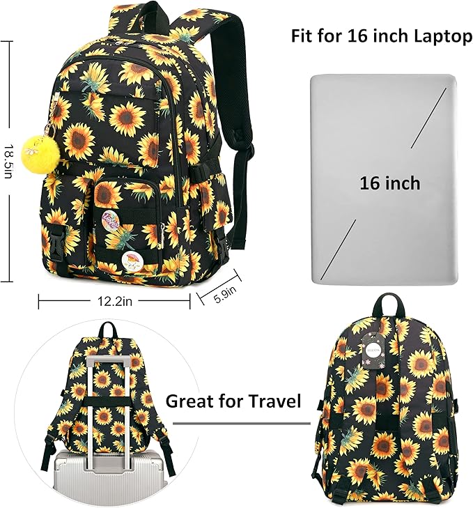 Hidds Laptop Backpacks 15.6 Inch College Backpack Elementary Middle High School Book Bag Cute Bookbags Anti Theft Travel Back Pack Casual Daypack Kids for Teens Girls Women Students (Sunflower Black)