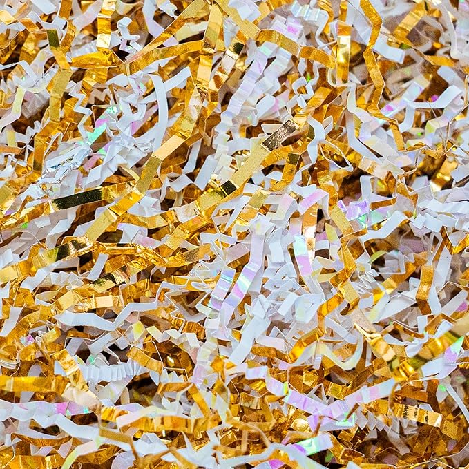 Uptotop 5oz Crinkle Cut Paper Shred Filler for Gift Wrapping, Gift Basket Filling, Perfect for Birthday, Christmas, Thanksgiving, Halloween, Easter, Valentine's Day, Mother's Day, Father's Day, Wedding & Holiday Decor, Diamond White and Gold
