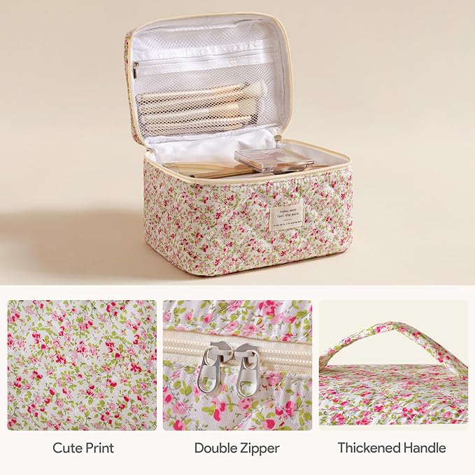 HBselect Quilted Makeup Bag, 3Pcs Cotton Large Travel Makeup Bags Organizer | Cute Floral Make up Bag Cosmetic Bag Toiletry Bag for Women Girls, Makeup Pouch for Skincare, Brushes & Travel Essentials