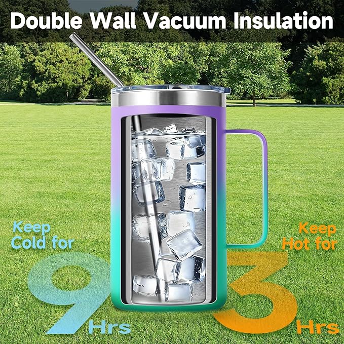 Volhoply 22oz Insulated Stainless Steel Coffee Mugs with Leakproof Lid Bulk 2 Pack,Double Wall Vacuum Travel Coffee Cup with Handle,Reusable Metal Tumbler,Camping Mug Keep Hot&Cold(Purple Green,2)