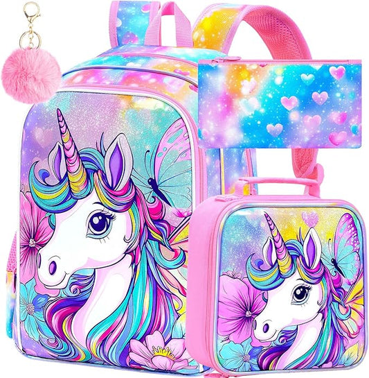 3Pcs Unicorn Backpack for Girls, 16" Kids Bookbag Set with Lunch Box，School Backpacks for Elementary Preschool Kindergarten (Rainbow)