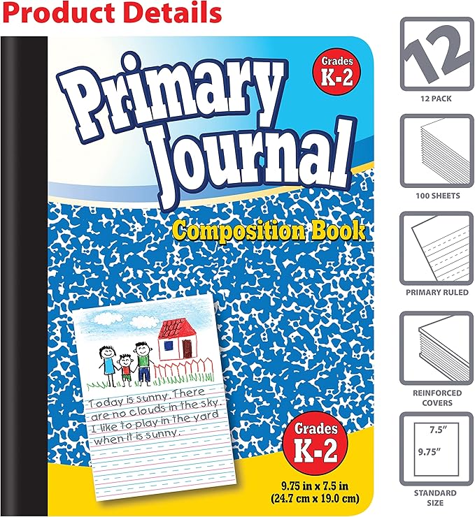 Better Office Products Primary Journals, Hardcover Kindergarten Journal & Kindergarten Composition Notebook, Grades K-2 Primary Composition Book with Picture Space, 100 Sheets
