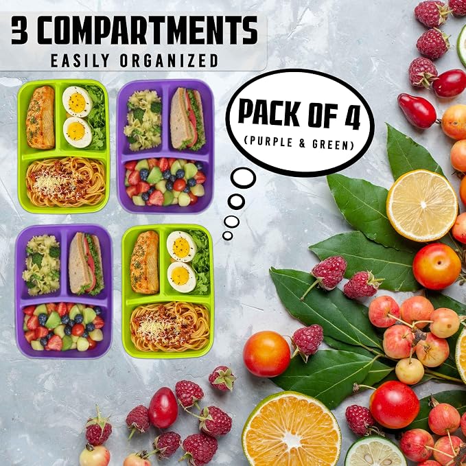 Neez 4 Pack Lunch Containers for Adults (48oz/6 Cup) - 3 Compartment Large Bento Lunch Box For Women - Reusable Lunchable Container for Salad, Snack, Meal Prep - Stackable, Microwavable & Leak proof