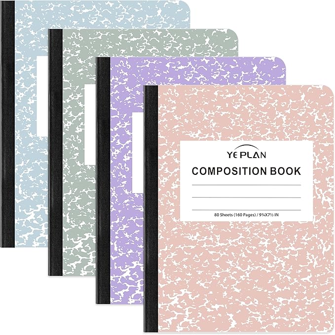 Yeplan Composition Notebooks 4 pack, Wide Ruled Notebook Paper, 9 3/4" x 7 1/2", 80 Sheets/160 Pages, Aesthetic Marble Composition Notebook for School & Office Supplies (4, Pastel Marble Colors)