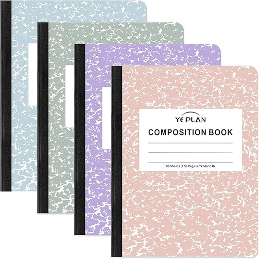 Yeplan Composition Notebooks 4 pack, Wide Ruled Notebook Paper, 9 3/4" x 7 1/2", 80 Sheets/160 Pages, Aesthetic Marble Composition Notebook for School & Office Supplies (4, Pastel Marble Colors)