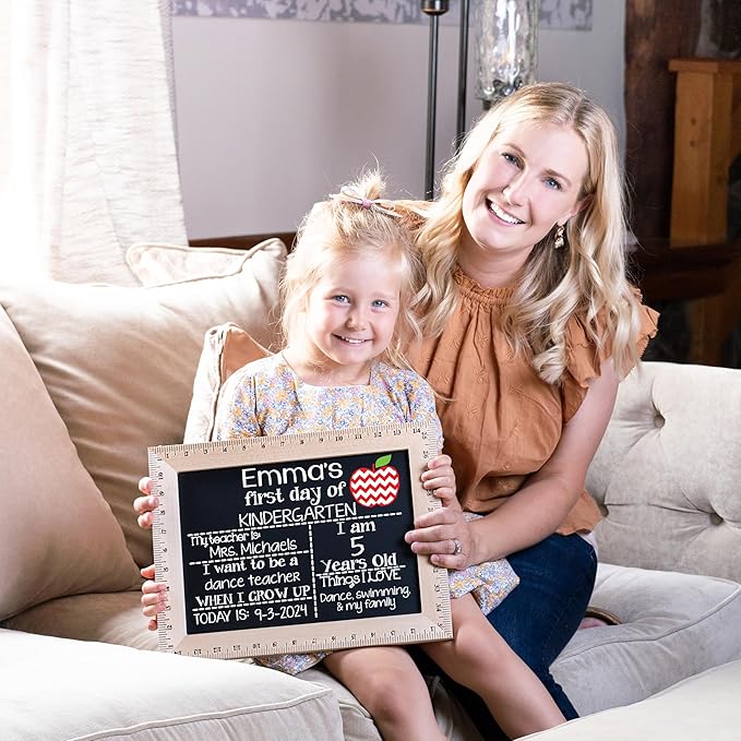 First Day of School Sign (11.5"x15"), Reusable Chalkboard Sign, Easy-to-Clean with Real Wooden Ruler Frame, Handmade in USA by Bloom Owl, Perfect for Back to School, First Day of Kindergarten, 1st