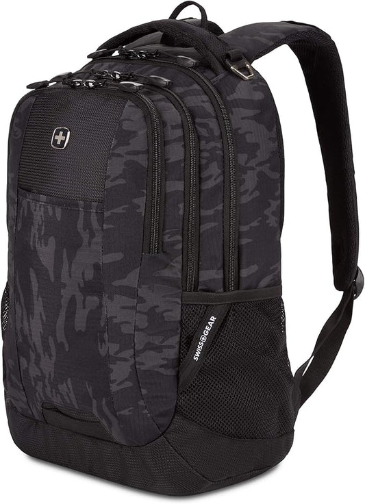 SWISSGEAR Cecil 18-Inch Laptop Backpack Fits 16-Inch Laptop, Travel Daypack with Organizer Pockets, Water Bottle Holders & Padded Straps – Black Cod/Camo