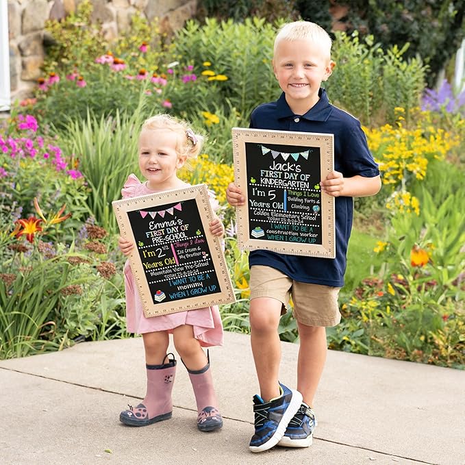 Bloom Owl First Day of School Chalkboard Sign - 11.5"x15" Reusable Back to School Photo Prop with Wooden Ruler Frame for Preschool, Kindergarten, and Beyond