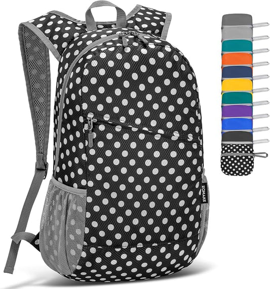 ZOMAKE Lightweight Packable Backpack 20L, Foldable Small Daypack for Hiking | Water Resistant Backpacks Day Bag for Travel Outdoor Camping Sport, Everyday Carry, Multiple Pockets(Black, White Polka Dot)
