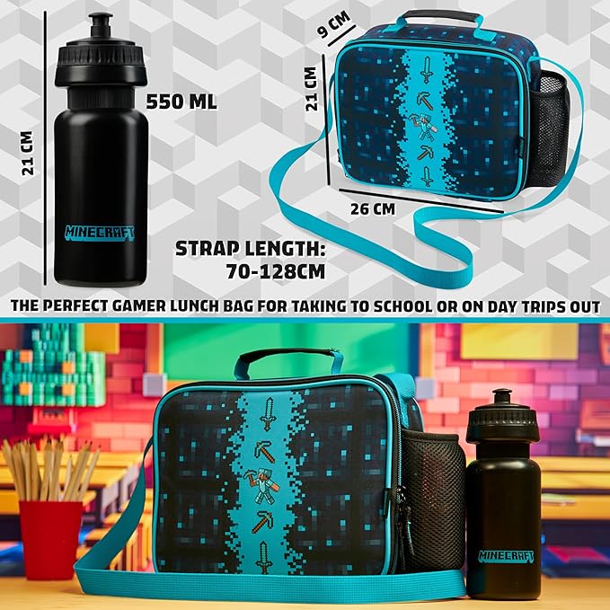 Minecraft Insulated Lunch Bag for Kids Creeper Lunchbox for Boys School Supplies Food Carrier Snacks Picnic Beach Days Travel Gamer Gifts for Kids (Blue/Black)