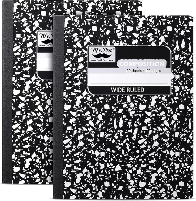 Mr. Pen- Composition Notebook, 2 Pack, Wide Ruled, 50 Sheets, 9.75" x 7.5", Black Marble, Composition Book, Notebooks for School, Wide Ruled Composition Notebook, Journal Notebooks, Writing Notebooks
