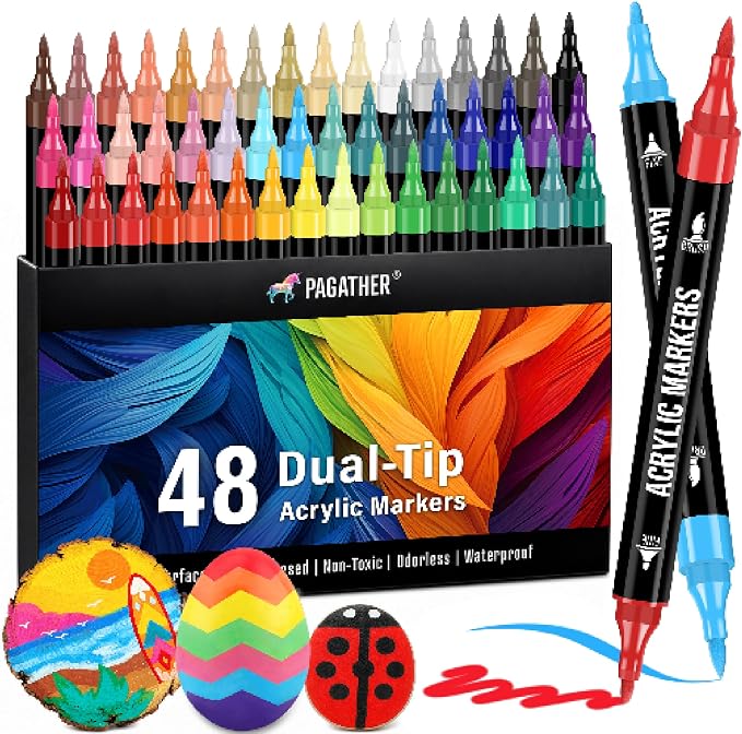 Pagather Acrylic Paint Markers, 48 Colors Dual Tip Fine & Brush Pens Set