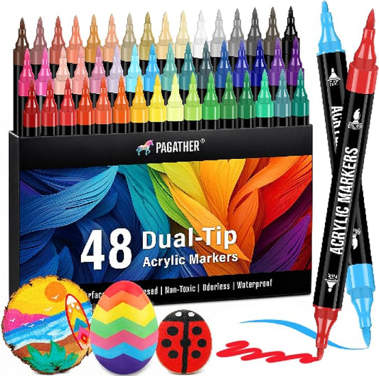 Pagather Acrylic Paint Markers, 48 Colors Dual Tip Fine & Brush Pens Set