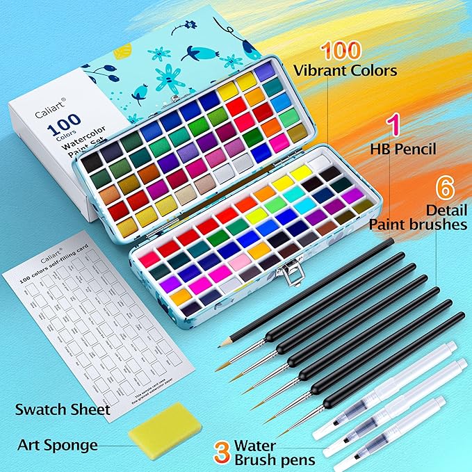 Caliart Watercolor Paint Set, 100 Colors Portable Water Color Palette Kit with Detail Paint Brush, Art Supplies Watercolor Painting Kit Coloring Gifts for Adults Beginners Professional Artists