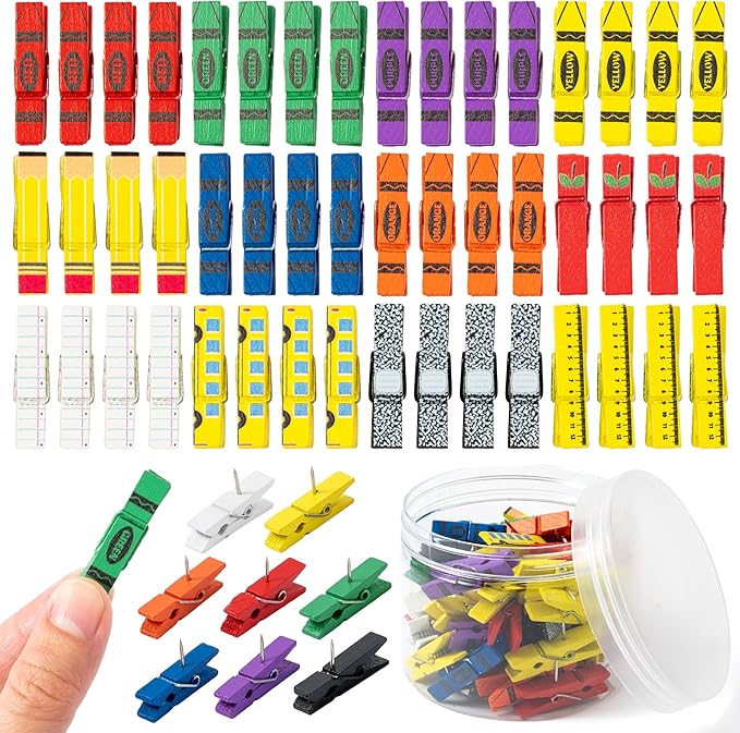 Haooryx Push Pin with Wooden Clips - 48Pcs Back To School Crayon Clothes Pin Shaped Tack Thumbtacks Pencil Ruler Notebook Photo Clip for Cork Bulletin Board Back to School Classroom Decor Teacher Gift