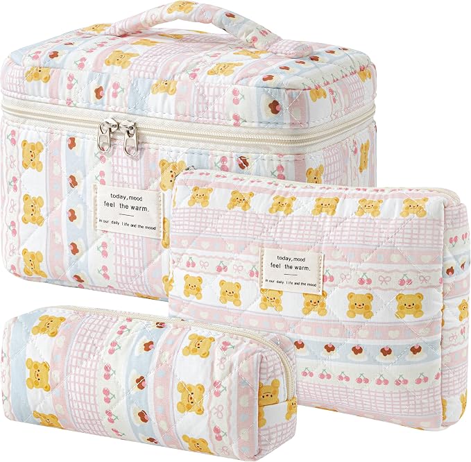 HBselect Quilted Makeup Bag, 3Pcs Cotton Large Travel Makeup Bags Organizer | Cute Floral Make up Bag Cosmetic Bag Toiletry Bag for Women Girls, Makeup Pouch for Skincare, Brushes & Travel Essentials