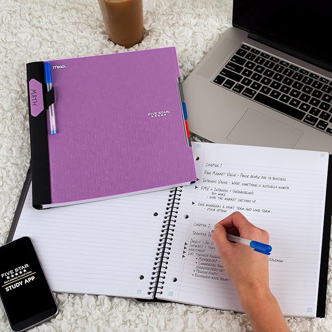 Five Star Advance Spiral Notebook + Study App, 3 Subject, College Ruled Paper, 8-1/2" x 11", 150 Sheets, Spiral Guard, Movable Tabbed Dividers, Amethyst Purple (820060G)