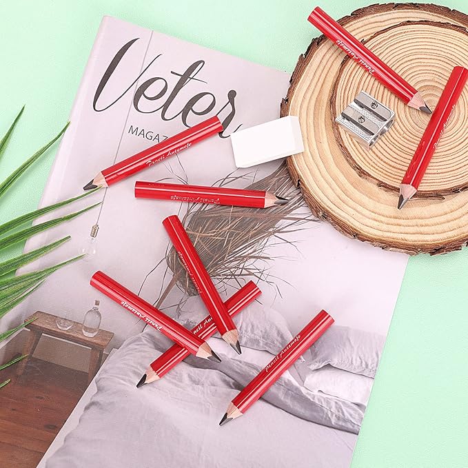 Suitable for 2-6 years old short triangle grip thick pencil 8 3.5-inch preschool children handwritten drawing mini wooden pencils (red, 5mm thick core) (Red)