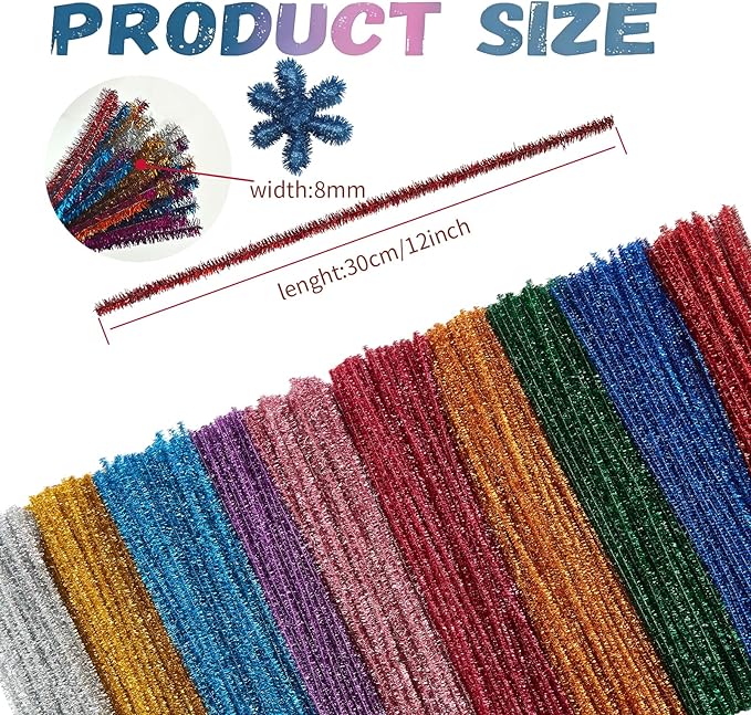 200Pcs Glitter Pipe Cleaners Craft Bulk,Art Aupplies Toys for Kids,DIY Multicolor Sparkly Chenille Stems for Halloween/Christmas Home Decor,Xmas Gift Wrapping and Festival Party Decoration Present