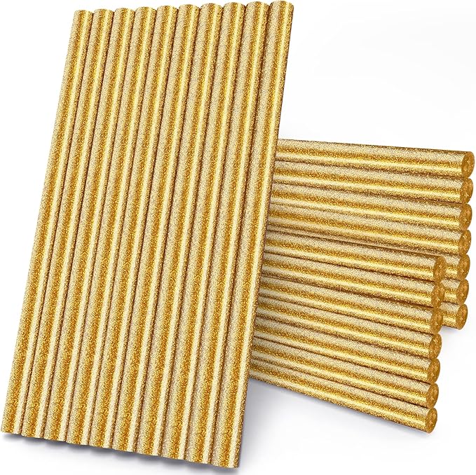 Glitter Gold Hot Glue Sticks, Manarty 8" Long x 0.43" Dia Full Size Hot Melt Glue Sticks Colored, High and Low Temp Adhesive Glue Sticks Large for Crafting, DIY, Decoration, Sealing Wax Stamp, 24 PCS