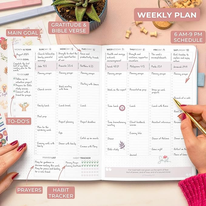 Clever Fox Christian Hourly Weekly Planner – Goal Setting Planner with Time Slots, Monthly Budget, Sermon Notes, Bible Reading Tracker (Aquamarine)