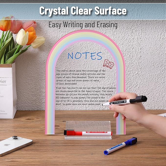 Mr. Pen- Clear Acrylic Board with Stand, 11.8" x 9", 3 Markers, Rainbow Theme, Clear Dry Erase Board for Desk