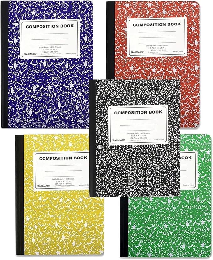 Trail maker 5 Pack Composition Notebooks Colored, Wide Ruled Marble Cover, 200 Pages (100 Sheets), 9.75 x 7.25, Bulk School Supplies for Classroom, Office & School Donations
