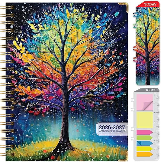 HARDCOVER Academic Year 2026-2027 Planner: 14 Months (May 2026 Through June 2027) 8.5"x 11" Daily Weekly Monthly Planner Yearly Agenda. Bookmark, Pocket Folder and Sticky Note Set (Black Tree Seasons)