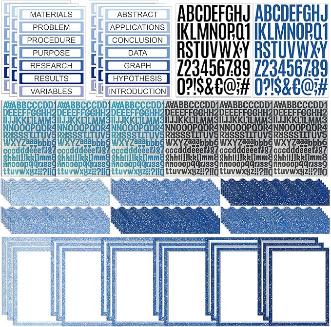 Sinload 92 Pcs Science Fair Board Supplies 60 Trim Scalloped Poster Boards 18 Presentation Subtitles 6 Project Titles 8 Letter Sticker for Classroom Display Boards(Glitter Blue,Wave)