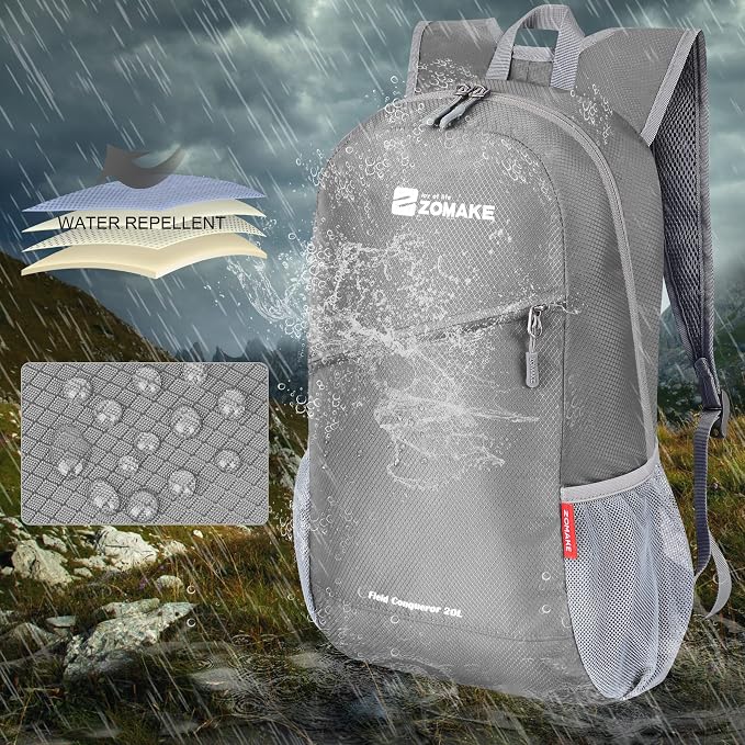 ZOMAKE Lightweight Packable Backpack 20L, Foldable Small Daypack for Hiking | Water Resistant Backpacks Day Bag for Travel Outdoor Camping Sport, Everyday Carry, Multi Compartment Storage(Silver Grey)