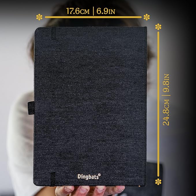 Dingbats* Pro Plain Large B5 Notebook - Black Textile Cover, Thread-Bound Writing Journal - for Work, Travel - Pocket, Elastic Closure, Bookmark