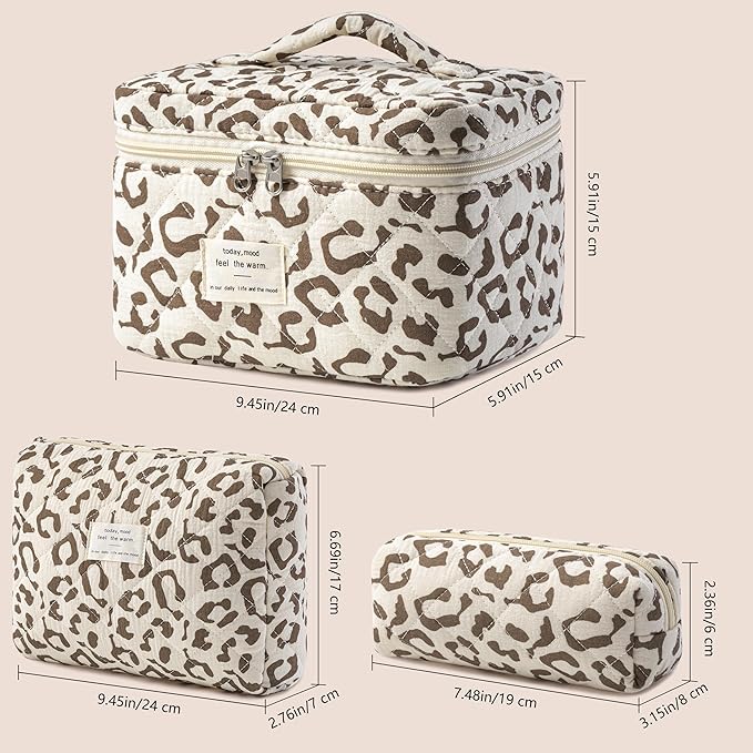 HBselect Quilted Makeup Bag, 3Pcs Cotton Large Travel Makeup Bags Organizer | Cute Floral Make up Bag Cosmetic Bag Toiletry Bag for Women Girls, Makeup Pouch for Skincare, Brushes & Travel Essentials