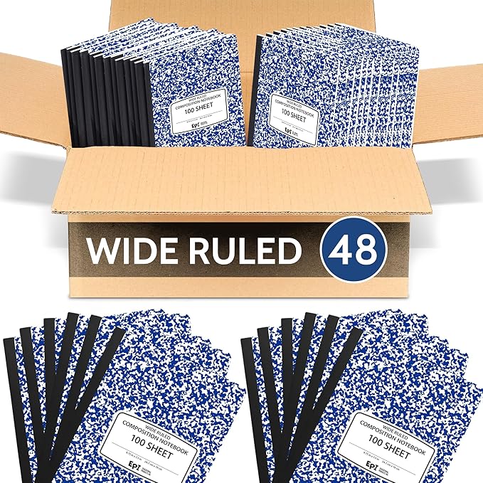 48 Pack - EPI Wide Ruled Marble Composition Notebook - Blue 200 Page Note Book - 9.75 x 7.5 Inch Hardcover Journal with Sewn Binding for Secure Pages - Classroom Back to School Supplies