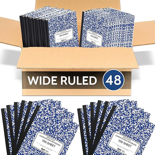 48 Pack - EPI Wide Ruled Marble Composition Notebook - Blue 200 Page Note Book - 9.75 x 7.5 Inch Hardcover Journal with Sewn Binding for Secure Pages - Classroom Back to School Supplies