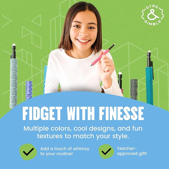 Gyre & Gimble Pencil Gidgets – Textured Silicone Pencil Sleeve for Quiet Fidgeting – Transform Your Mechanical Pencil into a Sensory ADHD Tool for Kids and Adults – 4 Sleeves & 2 Pencils