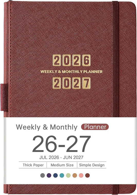 Planner 2026-2027 - Jul. 2026 - Jun. 2027, Academic Planner 2026-2027, Leather Planners Weekly and Monthly, 6.3" x 8.4", Hardcover with Back Pocket + Thick Paper + Twin-Wire Binding - Wine Red