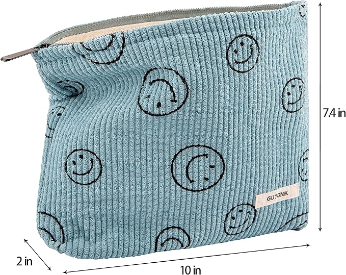 GUTGNK Makeup bag for Women, Corduroy Cosmetic Bag Aesthetic Design Ladies Tote Bag,Cute Smiley Face Makeup Organizer with Zipper - Blue
