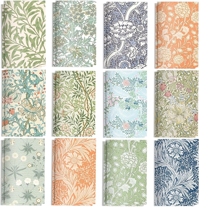 24 Pieces William Morris Floral Notepads Mini Vintage Floral Notebook Small Floral Pocket Journal with Soft Cover, 12 Styles William Morris Mini Notepads for Travel Journaling,Gift Sets & Daily Notes